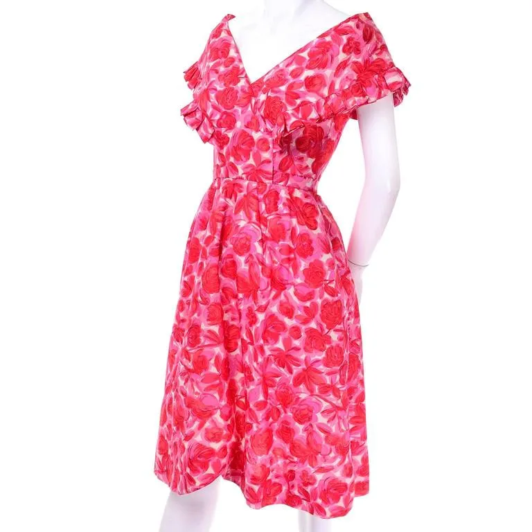 1960s Vintage Pink Floral Silk Pinafore Style Ruffled Yoke Dress