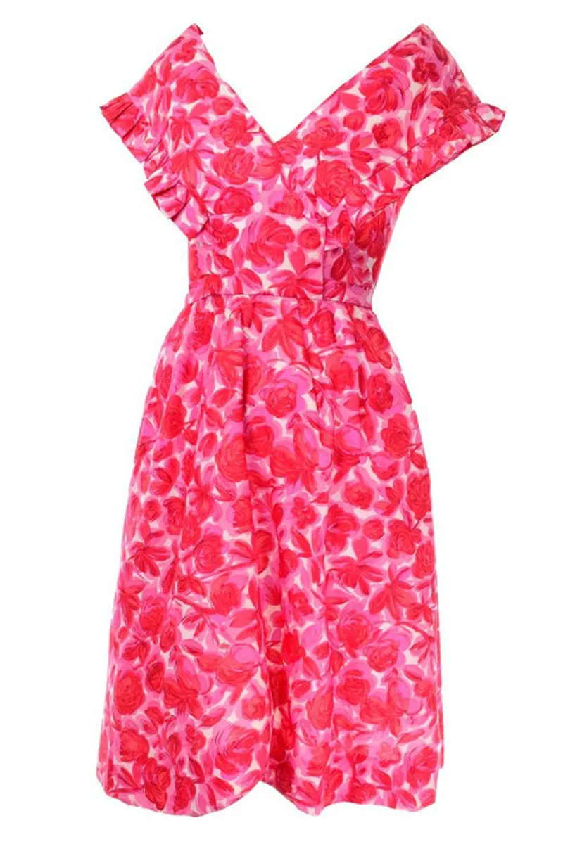 1960s Vintage Pink Floral Silk Pinafore Style Ruffled Yoke Dress