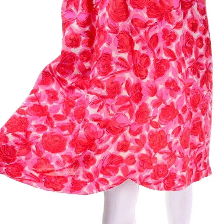 1960s Vintage Pink Floral Silk Pinafore Style Ruffled Yoke Dress