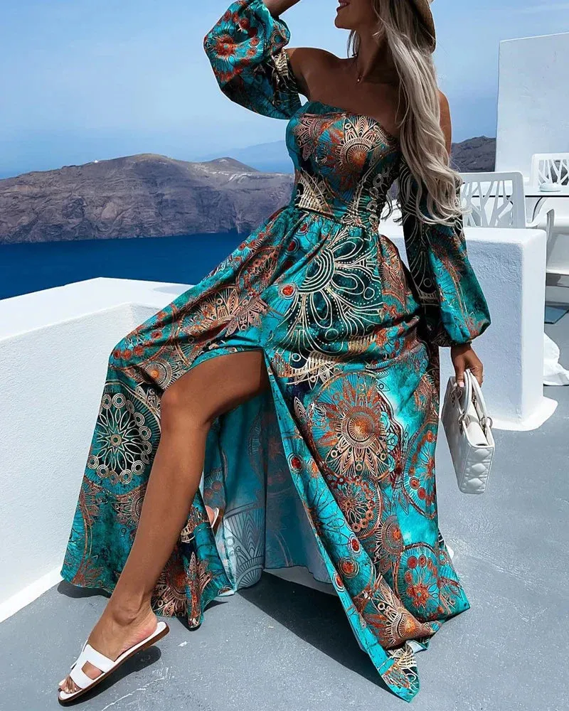 2024 Loose Long Sleeve Corset Slit Holiday Beach Boho Dress