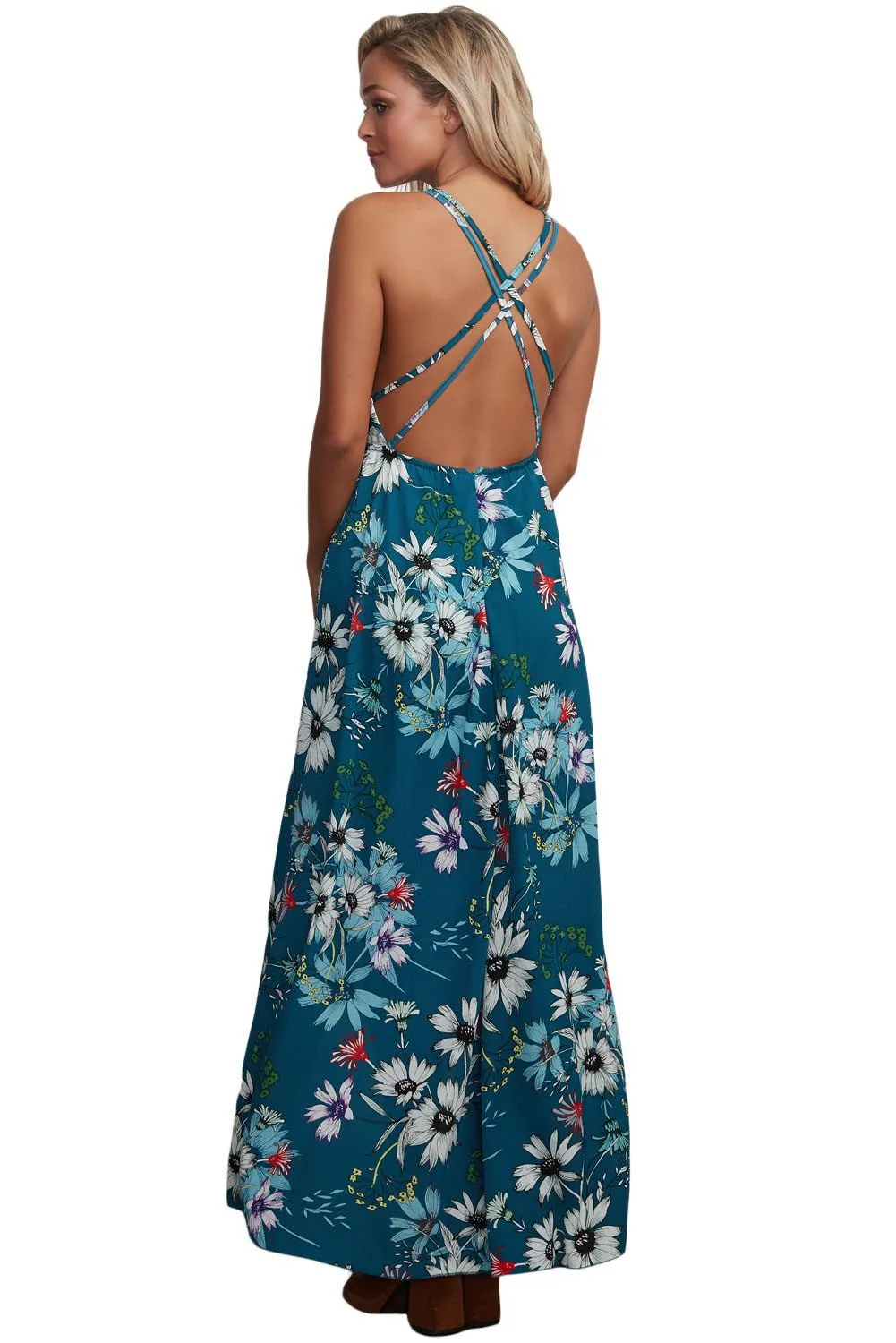 2024Slate Blue Floral Chiffon Spaghetti Straps Maxi Dress