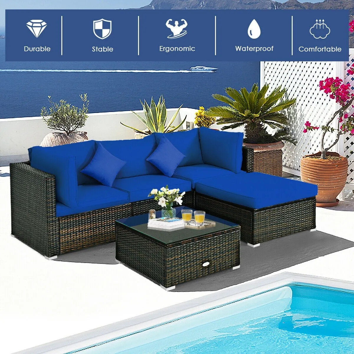 5pc Outdoor Patio Rattan Furniture Set - Navy