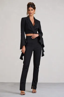 Addilyn | Black Cotton-Blend Tailored Straight-Leg Split Trousers