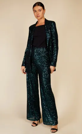 BAILEY HIGH WAISTED SEQUIN TROUSERS (GREEN)u