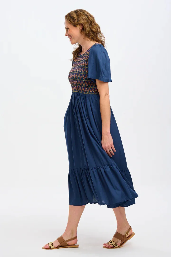 Brielle Midi Shirred Dress (Washed Navy Zigzag Shirring)