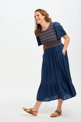 Brielle Midi Shirred Dress (Washed Navy Zigzag Shirring)