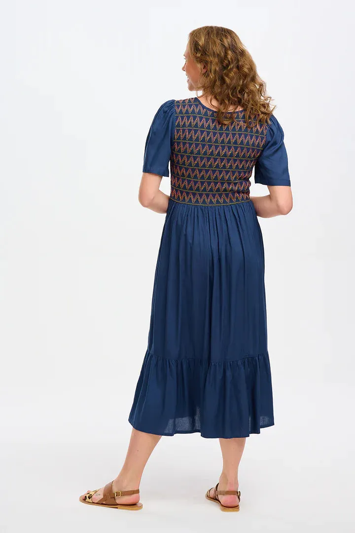 Brielle Midi Shirred Dress (Washed Navy Zigzag Shirring)