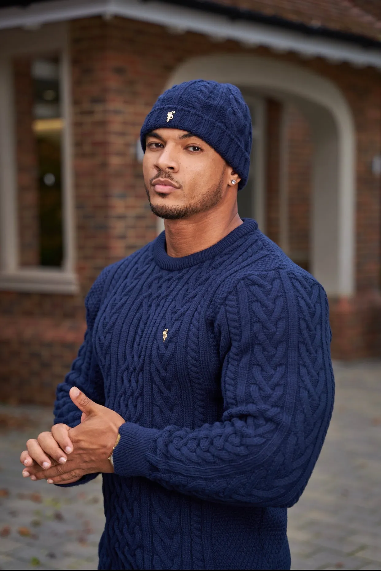 Father Sons Navy Twisted Braid Weave Super Slim Sweater With Gold Decal - FSJ036