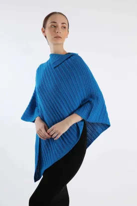 Hand-Knitted Pure Blue Cashmere Poncho