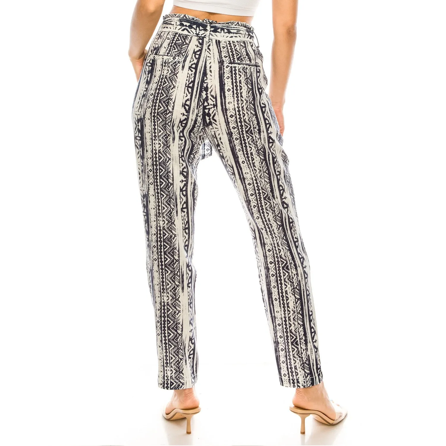 High-Waisted Tie Belt Linen Pants - Blue