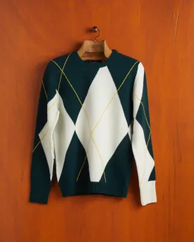 Intarsia Extrafine Merino Wool Crew Neck - Green/Ecru