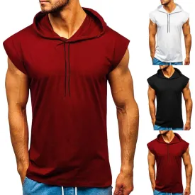 Men Fitness Muscle Solid Sleeveless Hooded T-Shirt