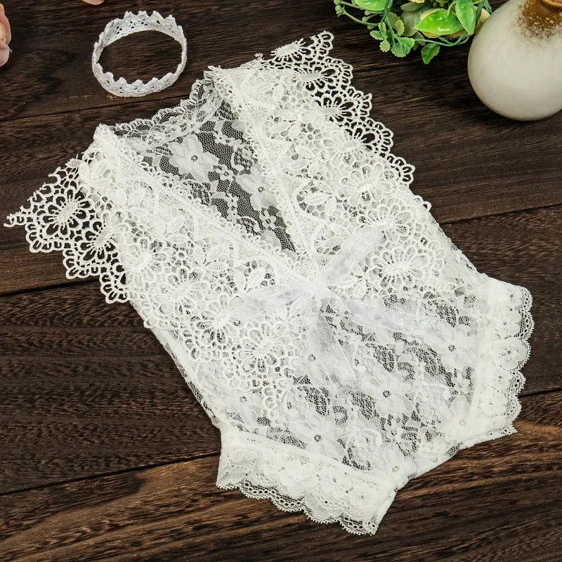 Newborn Baby Photography Props Costume, Lace Romper With Headband, Reborn Baby Lace Romper Photo Prop