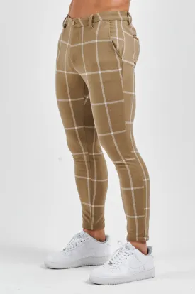 STRETCH TROUSER - SAND & WHITE LARGE GRID CHECK